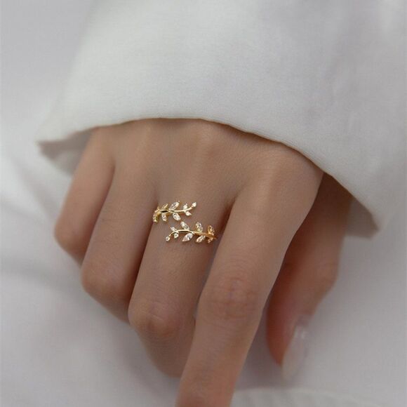 Gold Boho Leaf Gold Plated Open Ring Leaf Adjustable Gold Ring Christmas Gift - Picture 2 of 3